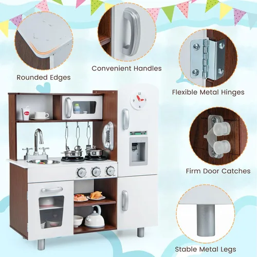 Miniatura 7 de KOTEK Juego de cocina para niños, juego de cocina de madera para niños pequeños con dispensador de agua con luces sonidos, estufa, horno, nevera