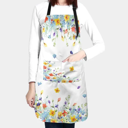 Miniatura 2 de Delantal floral de acuarela para mujer con 2 bolsillos, colorido arte floral, delantal impermeable, 28 x 33 pulgadas