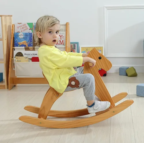 Miniatura 2 de Caballo mecedor de madera para bebé, juguete para niños pequeños, diseño clásico con pedal y respaldo seguro para niños pequeños (azul)
