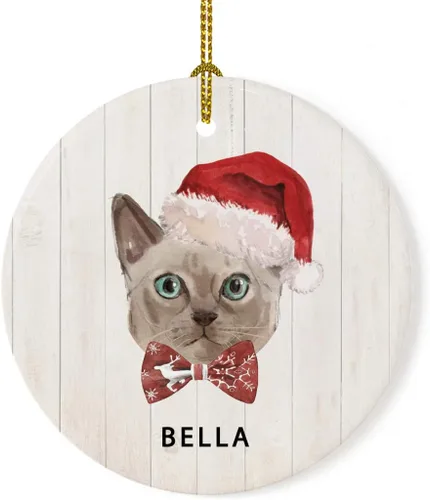 Miniatura 11 de Andaz Press Adorno redondo personalizado de cerámica para árbol de Navidad, abisinio, corona de acebo, sombrero de Papá Noel, con gráfico de gato
