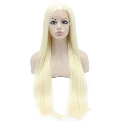 Miniatura 10 de Mxangel - Peluca de cabello sintético largo y lacio con encaje frontal, color negro, natural atado a mano, resistente al calor