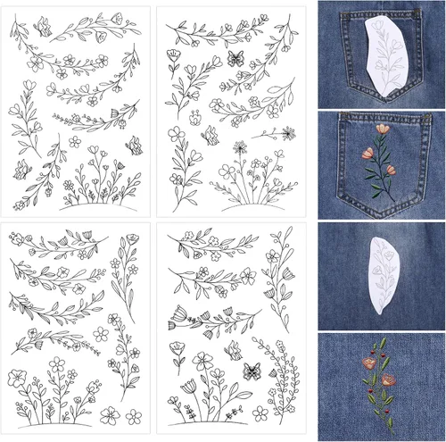 4 hojas de patrones de bordado estabilizador soluble en agua, bordado de puntada de palo, papel floral, diseños de margaritas, estabilizador de