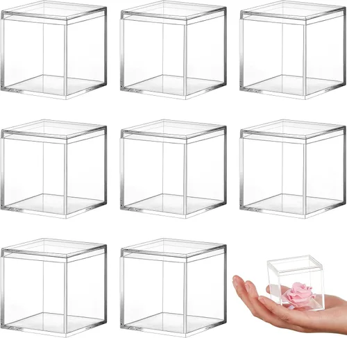 Blulu 8 cajas de acrílico transparente con tapa, caja de almacenamiento de plástico para joyas, mini cubos para dulces y pequeñas joyas, recuerdos
