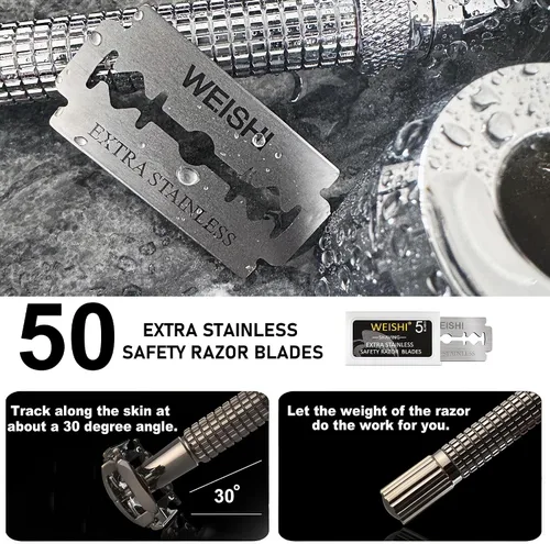 Miniatura 3 de WEISHI 50 hojas de afeitar de un solo filo, cuchillas de afeitar de seguridad de doble filo, cuchillas extra inoxidables, seguridad para hombre