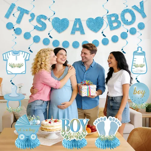 Miniatura 5 de Decoraciones de baby shower para niño, 9 piezas de pancarta de revelación de género de niño con purpurina azul claro, centro de mesa, juego