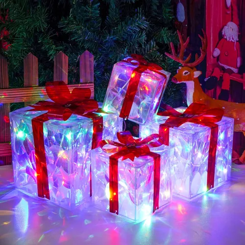 Miniatura 9 de COVFEVER Cajas de Regalo Iluminadas de Navidad, Juego de 4 Cajas de Regalo con Luces Preinstaladas, Juego de Cajas de Regalo Iluminadas que