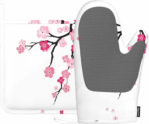 Mxocom a Cherry Tree - Guantes de horno resistentes al calor y soporte para ollas, flor de cerezo Sakura, color rosa en rama, guantes