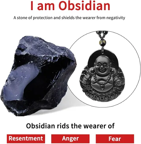 Miniatura 9 de NAKOBO Collar de obsidiana negra de Buda, Yin Yang, lobo y dragón, amuleto de protección con cadena de cuentas extendida, piedra de cristal