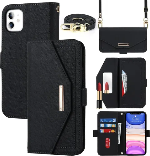 Funda tipo cartera cruzada para iPhone 11 con correa de cordón ajustable, soporte para tarjetas de crédito de 6.1 pulgadas, bolso de piel sintética,