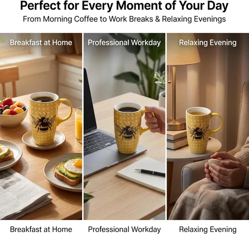 Miniatura 3 de DUSVALLY Taza de cerámica grande Taza de café alta Tazas de viaje de porcelana Taza de café con tapa de 17 onzas, Abeja