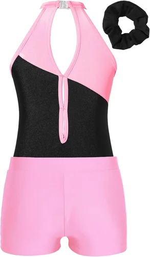 Miniatura 4 de Kids Girls Ballet Dance Outfits Shiny Sleeveless Gymnastic Leotard with Athletic Shorts Hair Band Tracksuit