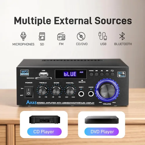 Miniatura 2 de AK45 Amplificador de audio estéreo para el hogar con receptor Bluetooth 5.0, 300 W+300 W Bluetooth HiFi AMP amplificador de potencia 2.0 canales RMS