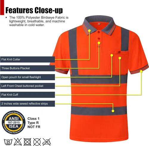 Miniatura 3 de Paquete de 2 polos de seguridad naranja con reflejo retro, camisa de manga corta para trabajos de construcción de alta visibilidad, ANSI/ISEA