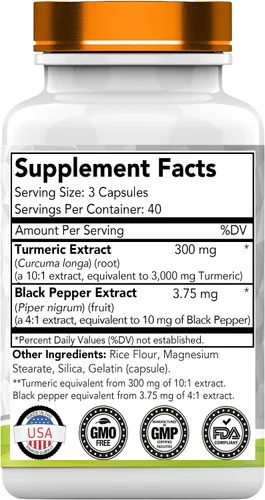 Miniatura 2 de tnvitamins Cápsulas de curcumina de cúrcuma con pimienta negra 3000 mg - 120 cápsulas Suplemento de curcumina de cúrcuma dorada extra fuerte