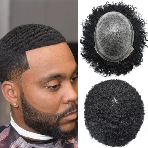Miniatura 9 de Afro Toupee para hombres negros, sistema de reemplazo de cabello humano brasileño para hombres afroamericanos africanos afroamericanos, piezas