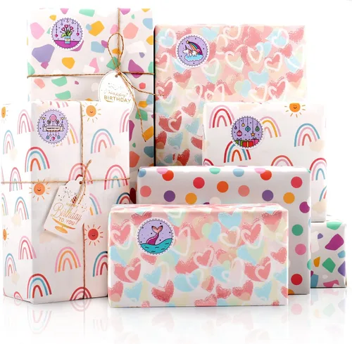 Miniatura 11 de Papel de regalo para niñas y mujeres, 12 hojas de papel de regalo floral de cumpleaños, papel de regalo plegado colorido rosa y verde para Floral 12