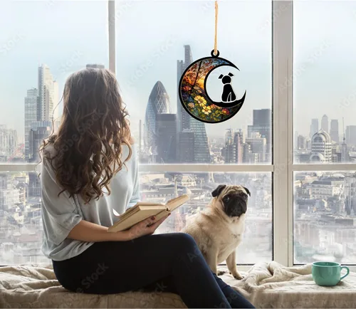 Miniatura 5 de LOVELYPOD Atrapasoles - Regalos conmemorativos de perro para amantes de los perros, una decoración de perro negro en la luna, colgantes de ventana