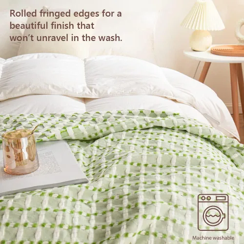 Miniatura 5 de Simple&Opulence Manta de 100 % algodón para cama, sofá, tejido jacquard de hilo teñido con borlas, suave, ligera, acogedora, transpirable, Verde
