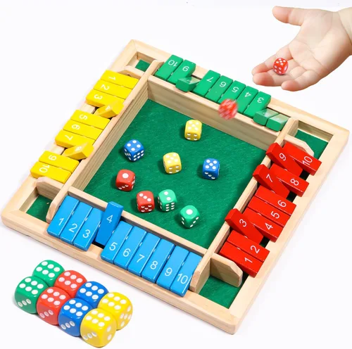 AICase Juego de dados Shut The Box, juego de pilas de colores, edición familiar, relleno de cesta de Pascua, 2-4 jugadores, mesa de madera para