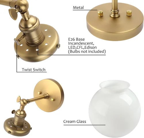 Miniatura 6 de Pathson Aplique de pared cableado con globo blanco, luz de tocador de baño de latón con interruptor de encendido y apagado, lámparas de pared