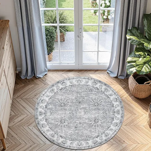 Miniatura 80 de Jinchan Fiora - Alfombra redonda de 8 pies, alfombras vintage con diseño floral envejecido, lavable a máquina, antideslizante, de pelo bajo, Azul