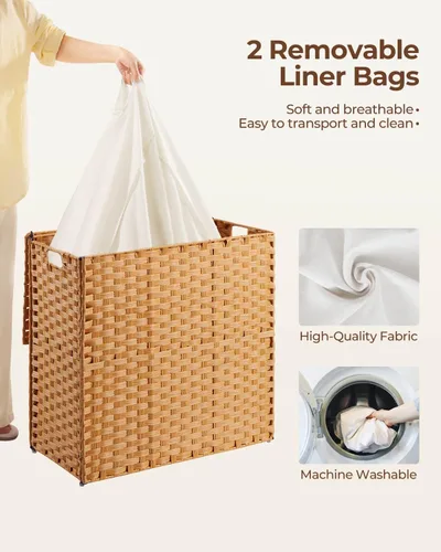 Miniatura 3 de GREENSTELL - Cesta para la ropa con tapa, 130 l, sin necesidad de instalación, cestos de mimbre plegables con 2 bolsas extraíbles, cesto