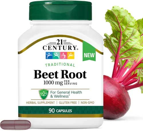 21st Century Raíz de remolacha tradicional 1000 mg (90 unidades), suplemento de remolacha sin gluten para apoyo general de salud y bienestar, sin