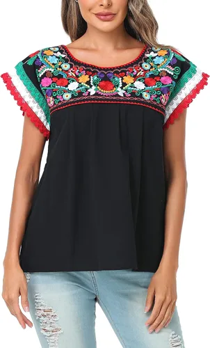 Miniatura 3 de YZXDORWJ Blusa tradicional colorida con encaje bordado mexicano para mujer, camiseta tricolor para el día de la independencia mexicana