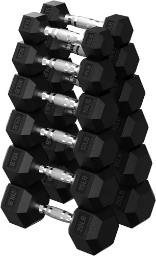 Miniatura 26 de HANDBODE Juego de mancuernas hexagonales de 45 a 640 libras, mancuernas de ejercicio y fitness con revestimiento de goma para gimnasio en casa