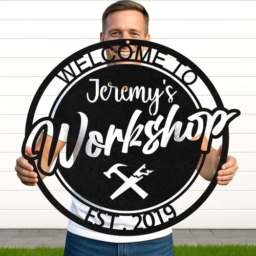 Miniatura 35 de Letrero de metal personalizado para garaje, arte de pared personalizado para hombres, decoración de taller mecánico con nombre, decoración