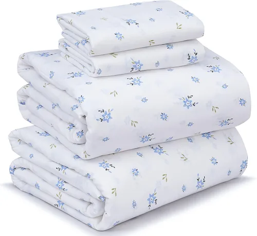 Ruvanti - Juego de sábanas de 100 % algodón, juego de 4 piezas de cama, diseño floral, color azul, ropa de cama tamaño King, tela suave, Phulkari