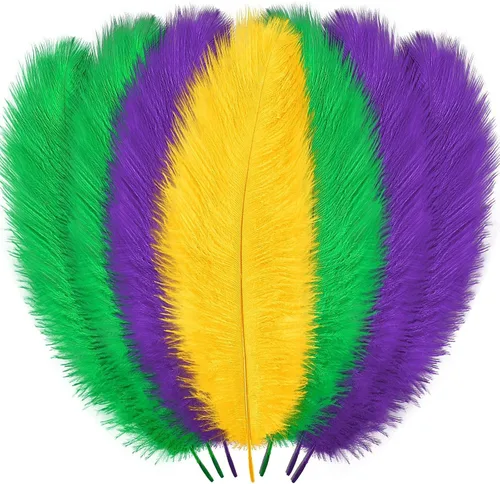MARFOREVER Plumas de Mardi Gras para manualidades y centros de mesa, paquete de 24, 10-12 pulgadas, plumas naturales verdes doradas y moradas para