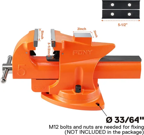 Miniatura 5 de PONY Tornillo de banco resistente, ancho de mandíbula de 5-pulgadas, apertura de mandíbula de 7-pulgadas, base giratoria de 360 grados con yunque