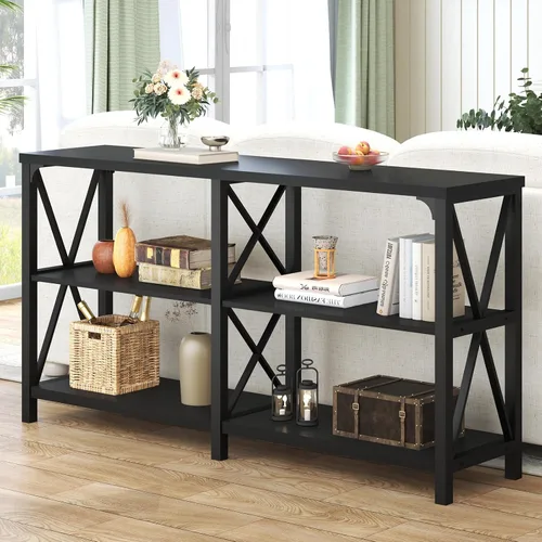 Miniatura 4 de LVB Mesa Consola Negra, Mesa de Entrada Moderna con 3 Niveles de Estantes de Almacenamiento, Mesa de Sofá Industrial Detrás del Sofá para Sala