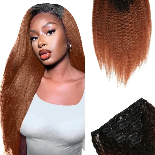 SIYUSI Extensiones de Clip Kinky Straight, 100% Cabello Humano Remy Brasileño con Clips, Clips Invisibles Aptos para el Cuero Cabelludo, Marrón