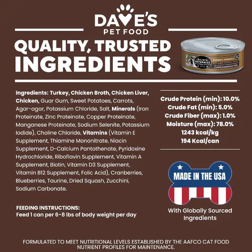 Miniatura 7 de Dave's Pet Food Paté húmedo sin granos para gatos (Turquía), fabricado en Estados Unidos naturalmente saludable, conservado, vitaminas y minerales