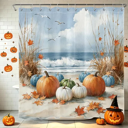 Miniatura 21 de HVEST Cortina de ducha de Halloween, linterna de calabaza y gnomo, cortina de ducha de baño, cortina de ducha de murciélago y araña, decorativa