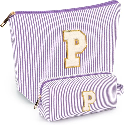 Miniatura 50 de 2 piezas de bolsas de maquillaje iniciales para mujeres: bolsa de cosméticos para viaje y artículos de tocador - Regalos de cumpleaños para niñas