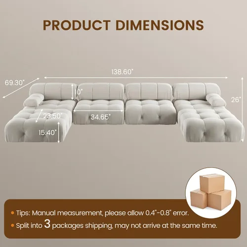 Miniatura 2 de Sofá modular seccional, sofá de terciopelo, asiento medio, beige