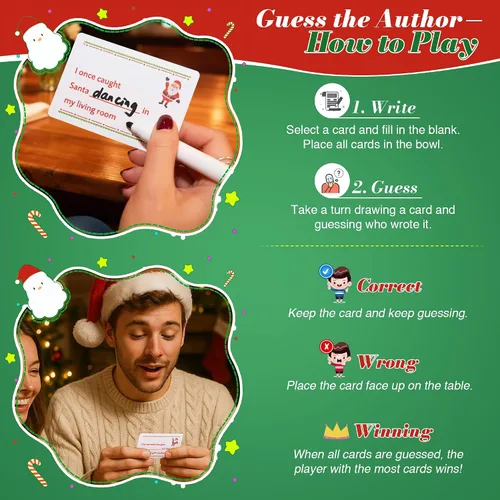 Miniatura 3 de Juego de cartas de Navidad para noche de juegos familiares, 120 tarjetas con 10 marcadores de borrado en seco, divertidos juegos de mesa para grupos