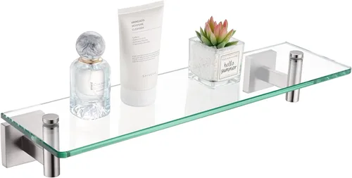 Miniatura 23 de KOKOSIRI Estantes de Pared Hardware de Baño Estante Flotante de Vidrio de 12 Pulgadas para Dormitorio, Sala de Estar, Cocina, Rack Colgante Bronce