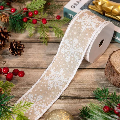 Miniatura 4 de Whaline Cinta de copo de nieve de Navidad con borde con alambre, cinta blanca de invierno de 2.5 pulgadas con rebabas, suave, rústica, natural