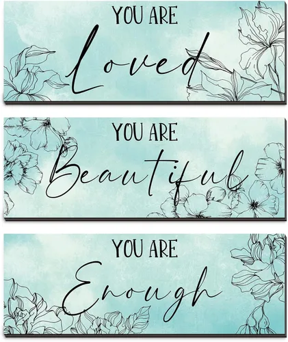 Yookeer 3 Piezas de Arte de Pared Colgante de Madera Floral con Citas Inspiradoras "Eres Hermosa" Imagen para Habitación Decoración Gracias