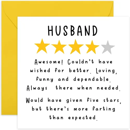 CENTRAL 23 Tarjeta de agradecimiento al marido – Diseño de revisión de 4 estrellas – Saludo humorístico para él, padres, padres, cónyuge, pareja,