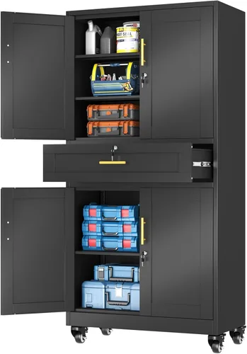 Miniatura 12 de Metal Garage Storage Cabinet, 36” Rolling Wheels Tool Cabinet with Lock-2 Adjustable Shelves, Locking Storage, Steel Locker Storage Systems for Home