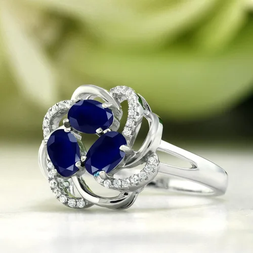 Miniatura 30 de Gem Stone King Flower Blossom Gemstone Birthstone Ring in 925 Sterling Silver 3-Stone Oval 6X4MM with Sparkling Accents Wedding Anniversary