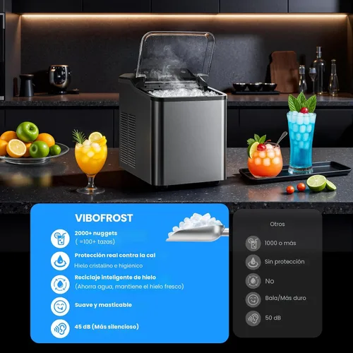 Miniatura 4 de VIBOFROST Nugget - Máquina de hielo para encimera, máquina de hielo de guijarros sónicos rápida de 35 libras/24 horas, sistema antiincrustaciones