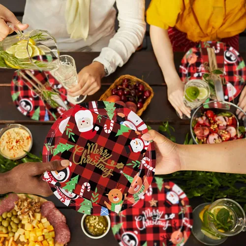 Miniatura 4 de Suministros de fiesta de Navidad Gatherfun Rojo y Negro Gingham con Papá Noel Muñeco de Nieve Platos de Papel Desechables para Cena y Postre