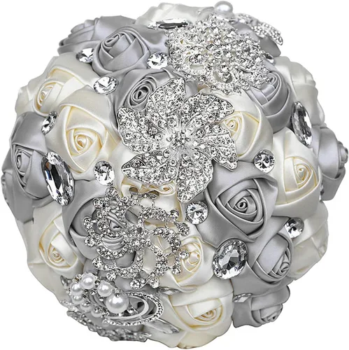 Miniatura 29 de XINNI Ramo de boda nupcial hecho a mano novia dama de honor satén rosa ramo de flores con diamantes de imitación perla encaje decoración de boda