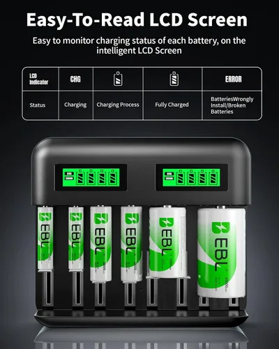Miniatura 2 de EBL LCD Cargador de Batería de 8 Bahías, Cargador de Batería Recargable AA AAA C D para Baterías Recargables Ni-MH AA AAA C D Baterías con Puerto
